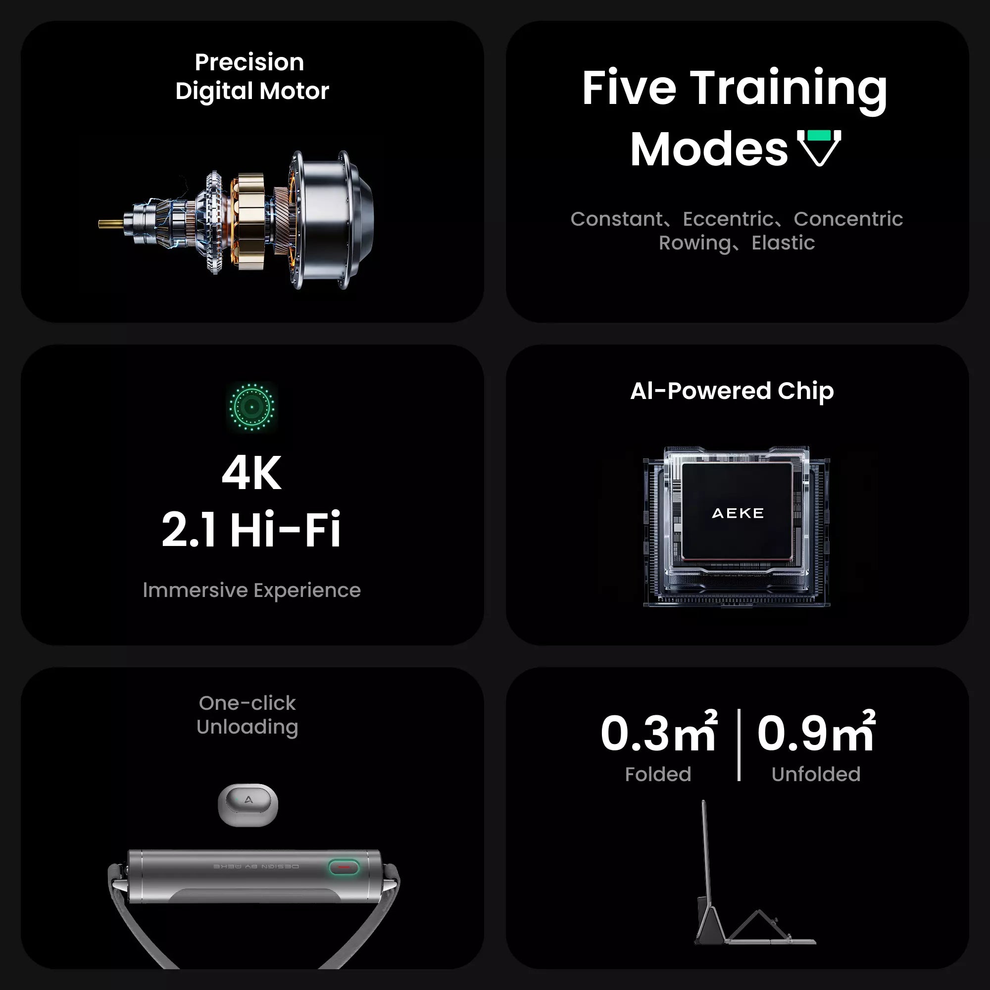 AEKE Fitness Bench B1: precision motor, 5 training modes, AI chip, 4K Hi-Fi, one-click unload, compact.