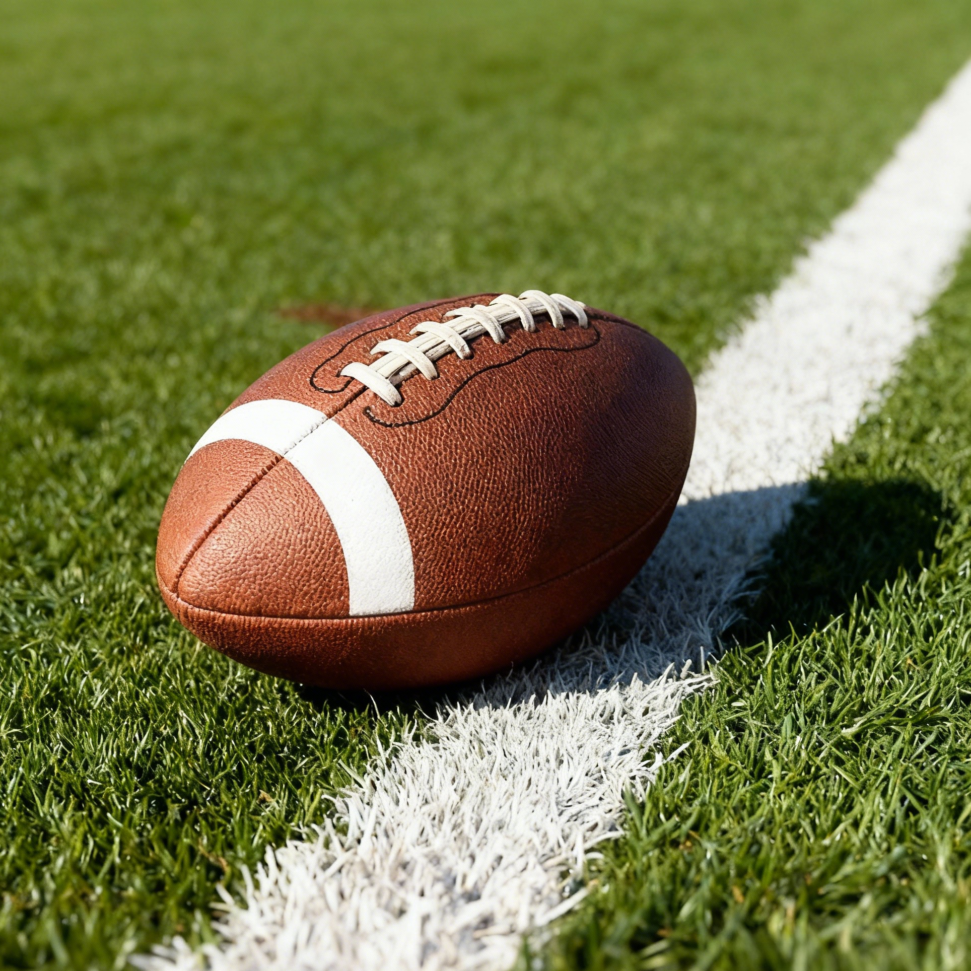 An American football resting on a lush green field next to a crisp white yard line.